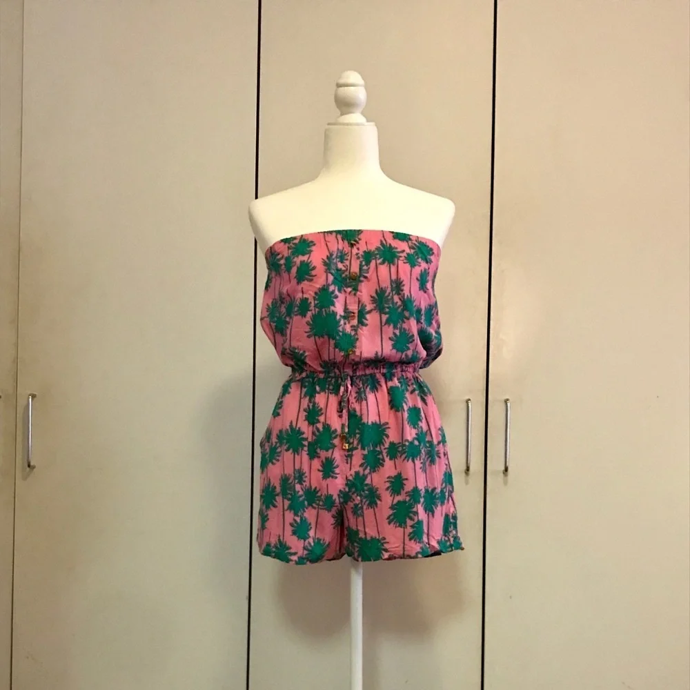 Strapless pink romper with palm tree print - Picture 1 of 7